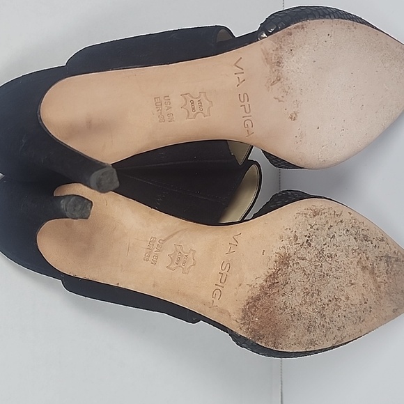 VIA Spiga Women Black Leather Suede Pointed Toe Heels Slip On Size 8.5 - Picture 10 of 11